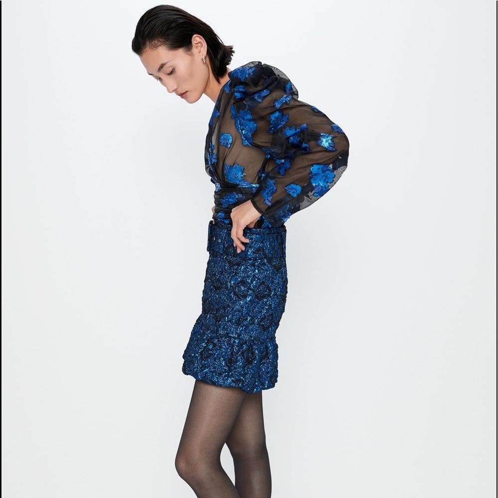 Zara BELTED MINI SKIRT WITH VOLUMINOUS HEM Blue BN - Picture 4 of 8
